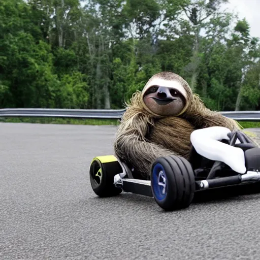 Prompt: photo of A sloth in a go kart on a race track. The sloth is holding a banana