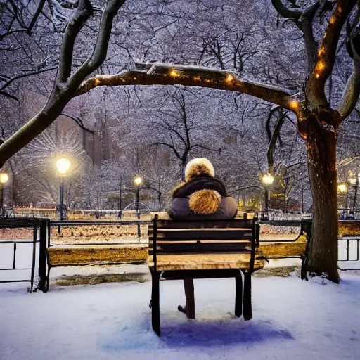 Prompt: Detailed photo of Maisy Williams sitting on a bench in Central Park during the winter, light snow, a lamp illuminates the area, 2K,