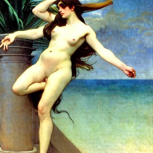 Prompt: Demon girls at the giant column, thunderstorm, greek pool, beach and palm trees on the background major arcana sky, by paul delaroche, alphonse mucha and arnold böcklin arnold böcklin hyperrealistic 8k, very detailed
