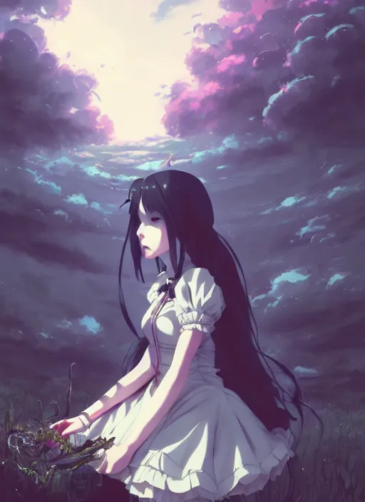 Image similar to portrait of gothic alice from wonderland, cloudy sky background lush landscape illustration concept art anime key visual trending pixiv fanbox by wlop and greg rutkowski and makoto shinkai and studio ghibli