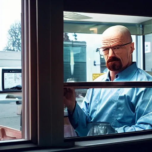 Image similar to walter white at mcdonalds window, serving food