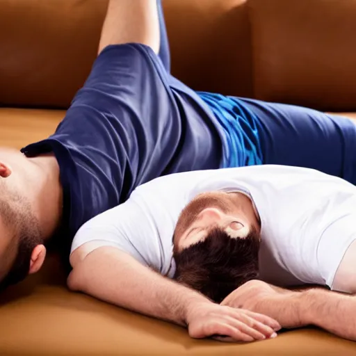 Image similar to man laying face down on a couch, the man is wearing black shirt and blue shorts, a black and white cat is climbing on him