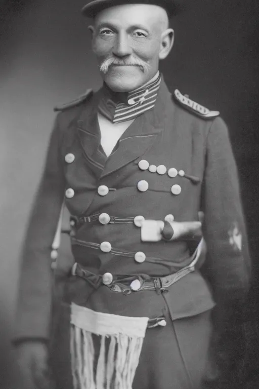 Image similar to official Portrait of a smiling WWI admiral, male, cheerful, happy, detailed face, 20th century, highly detailed, cinematic lighting, photograph, black and white