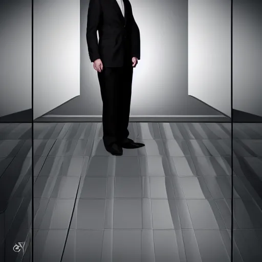 Image similar to endless reflections of a man in a mirror, dark suit, by sergey belik