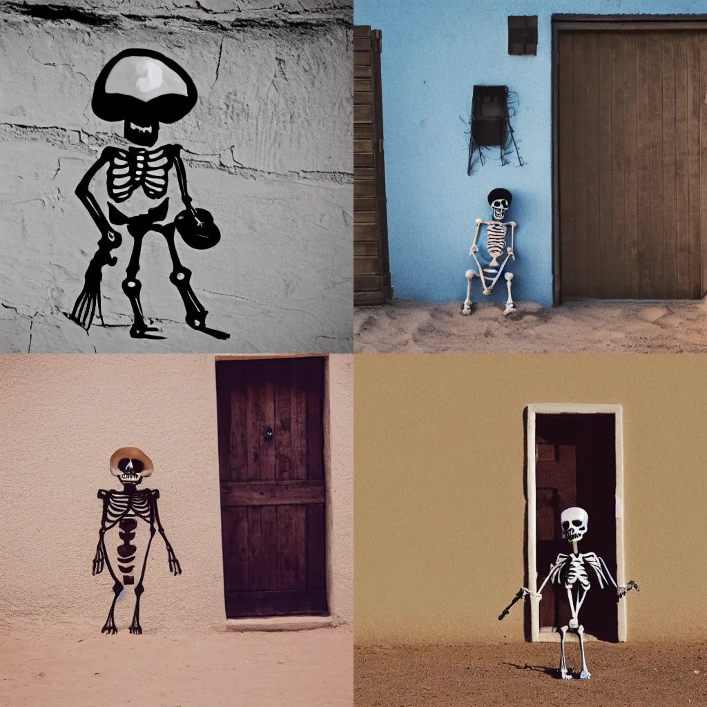 Prompt: a skeleton holding an umbrella next to a door in a desert