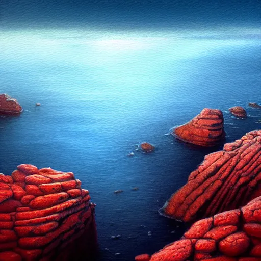 Image similar to gorgeous detailed oil painting of a red sea covered in big blue rocks, the further away the mistier it gets, dark aesthetic, atmospheric, concept art, octane render, unreal engine 5, trending on artstation, high quality, path traced, surreal, trending on deviantart, moody, highly detailed, masterpiece, award winning, 4 k hdr, digital art