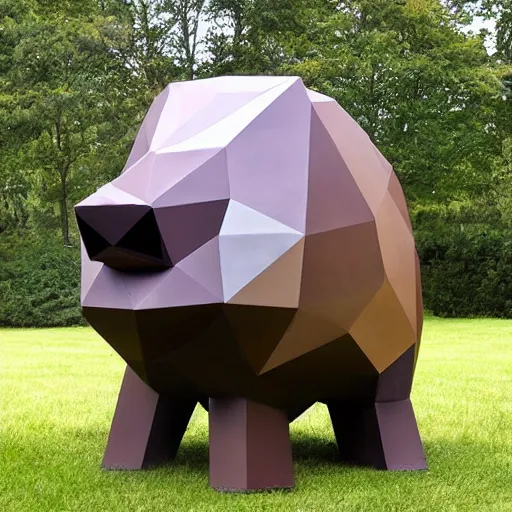 Prompt: oversized pig sculpture by Matt Hill Projects, corten steel, geometric, grassy, weeds