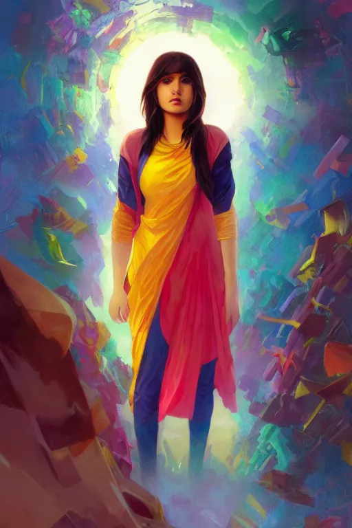 Image similar to A Full View portrait of Kamala Khan, Iman Vellani, filled with wonder. MCU. Hyper color. Vapor Wave Vibes. masterpiece 4k digital illustration by Ruan Jia and Mandy Jurgens and Artgerm and greg rutkowski and Alexander Tsaruk and WLOP and william-adolphe bouguereau, award winning, Artstation, art nouveau aesthetic, Alphonse Mucha background, intricate details, realistic, panoramic view, Hyperdetailed, 8k resolution, intricate art nouveau