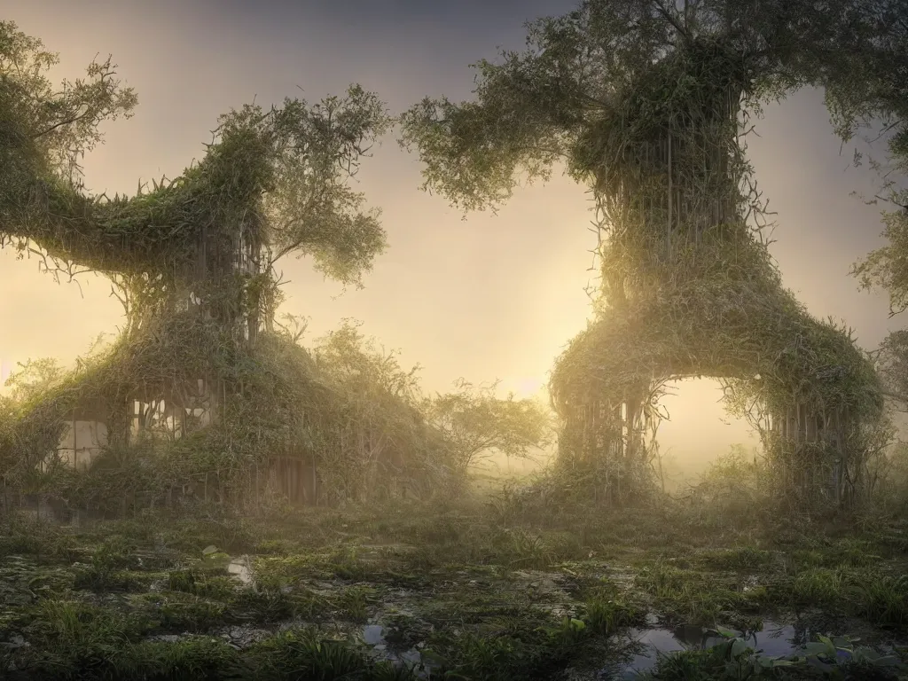 Image similar to beautiful organic house structure made of strange plants, located in a swamp at sunrise, (mist), ultra wide angle, moebius, chillwave, futuresynth, door, windows