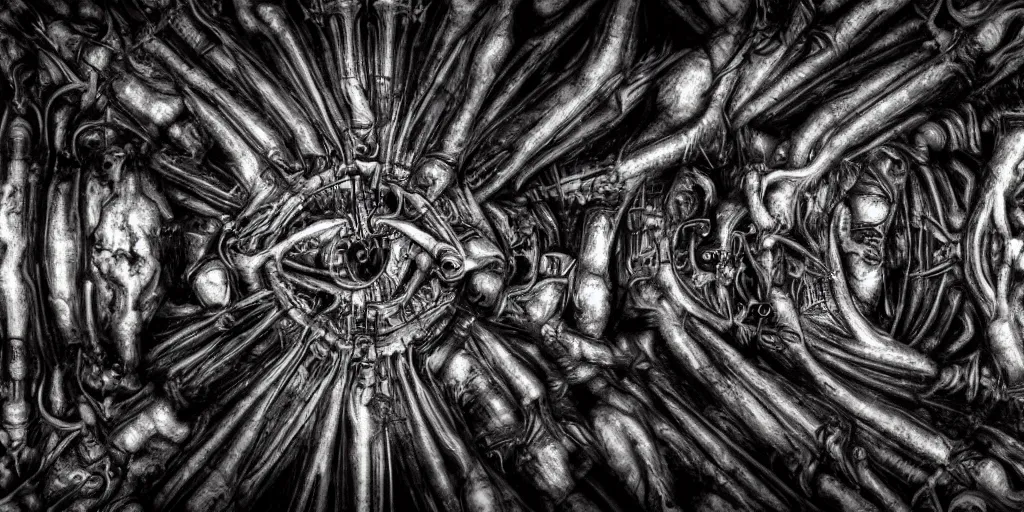 Prompt: the worst nightmare of h. r. giger, symmetrical, clear, focus, dof, underworld, hellish, esoteric, occult, secret