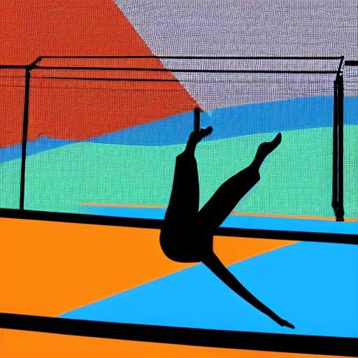 Image similar to silhouette of a man falling from a high surface onto a trampoline in a trampoline park, realistic, detailed, accurate, colorful.