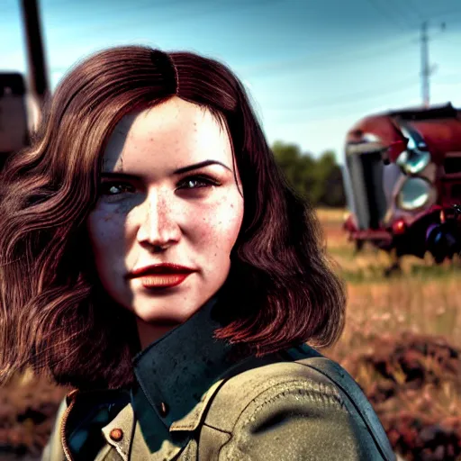 Image similar to fallout 5, charismatic brunette female protagonist, portrait, outdoors scene, somewhere in a low density rural town, retro rusted cars, atmospheric lighting, painted, intricate, volumetric lighting, beautiful, daytime, sunny weather, sharp focus, slightly desaturated, ultra detailed, by leesha hannigan, ross tran, thierry doizon, kai carpenter, ignacio fernandez rios