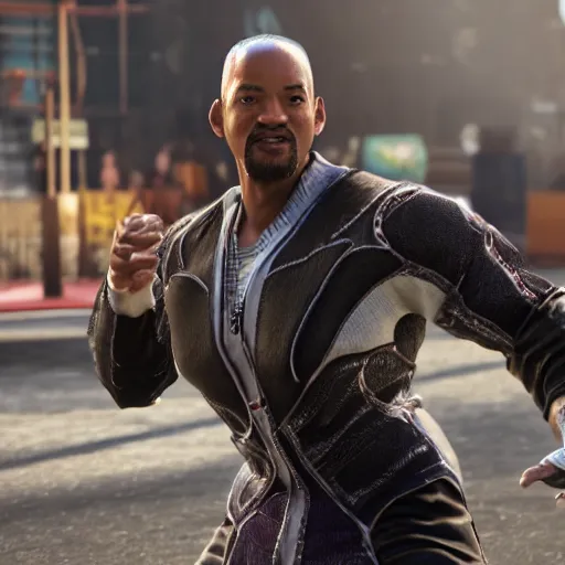 Image similar to a videogame still of Will Smith in Tekken 7, 40mm lens, shallow depth of field, split lighting