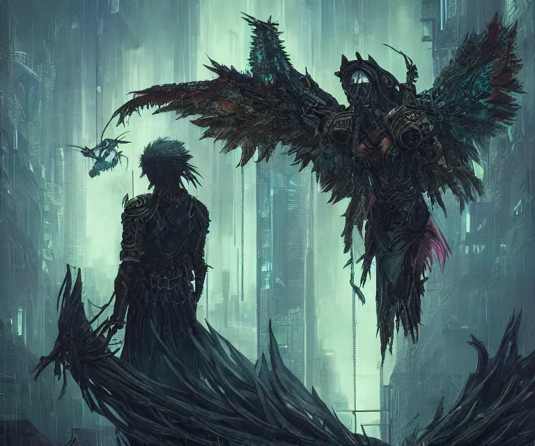 Image similar to a beautiful tarot card artwork of a cyberpunk fallen dark seraphim, horror, backlit, gloomy sky, highly detailed, digital painting, scales, by eddie mendoza and greg rutkowski and dan mumford and artgerm, vivid colors, masterpiece, detailed shading, 8 k resolution, intricate, smooth