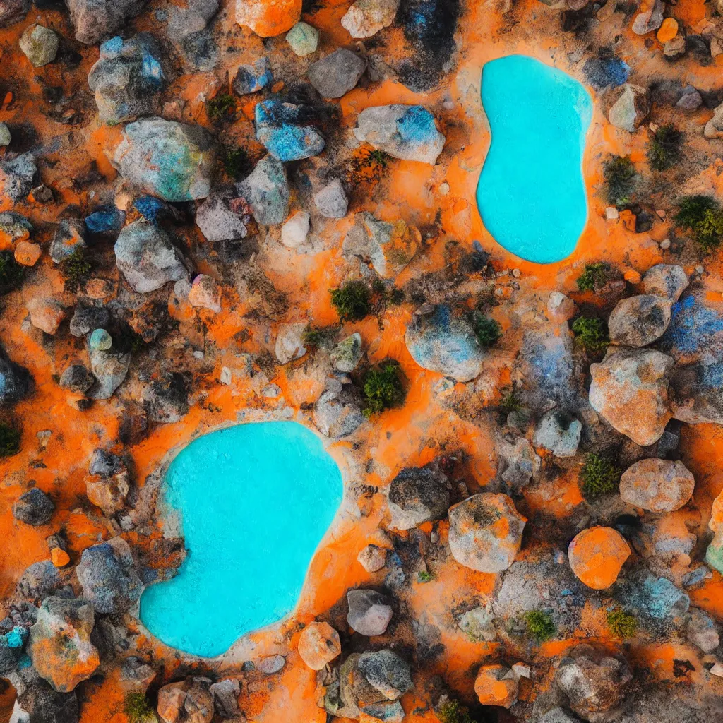 Image similar to bismuth boulders, orange sand desert with colorful pools of bright milky paint, birds eye view