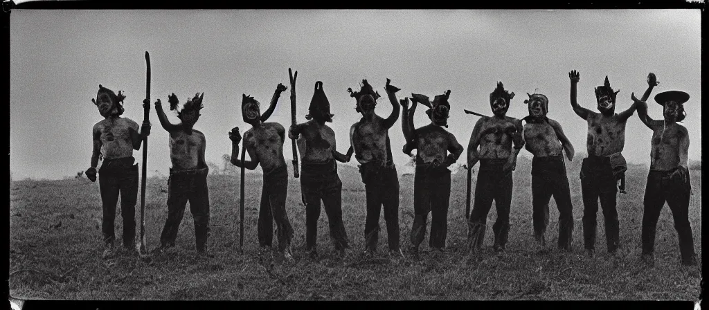 Image similar to circa 1 9 7 0 s restored 1 3 mm film photograph of a group of clowns in a field holding machetes at night, liminal, dark, thunderstorm, dark, flash on, blurry, ominous lighting