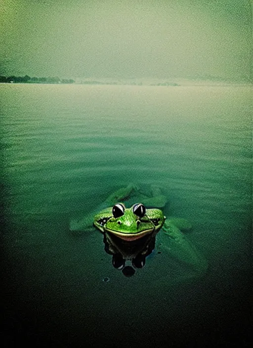 Image similar to “smiling frog vertically hovering over misty lake waters in jesus christ pose, low angle, long cinematic shot by Andrei Tarkovsky, paranormal, eerie, mystical”