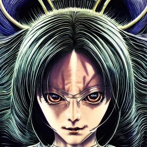 Image similar to portrait of crazy alita, symmetrical, by yoichi hatakenaka, masamune shirow, josan gonzales and dan mumford, ayami kojima, takato yamamoto, barclay shaw, karol bak, yukito kishiro