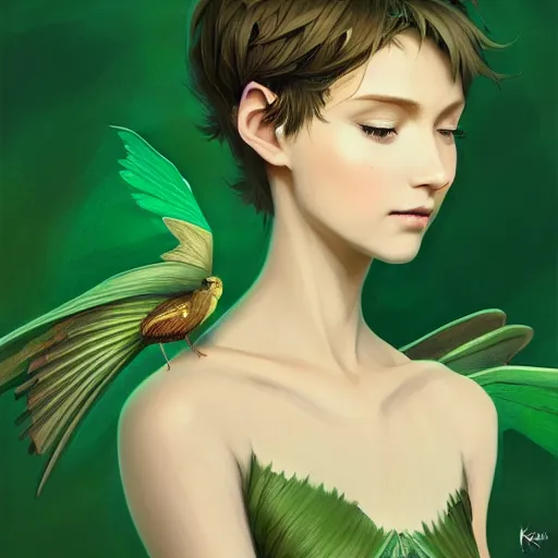 Image similar to 3 / 4 view of a portrait of pixie woman with wings, earthy green, forest background confident pose, pixie, genshin impact,, intricate, elegant, sharp focus, illustration, highly detailed, concept art, matte, trending on artstation, anime, strong brush stroke, sharp focus, illustration, art station, by ilya kuvshinov h 6 4 0