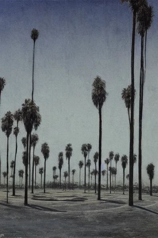 Prompt: southern california palm trees! empty parking lot painted by beksinski