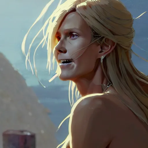 Image similar to a film still portrait of heidi klum, finely detailed features, perfect art, at an ancient city, gapmoe yandere grimdark, trending on pixiv fanbox, painted by greg rutkowski makoto shinkai takashi takeuchi studio ghibli, akihiko yoshida