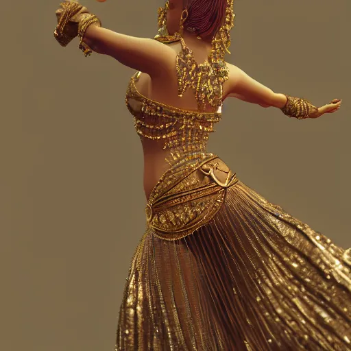 Image similar to details of a belly dancer jewels, stoic, bust, brown skin, alone dramatic, epic painting, gold, painted by wlop and nixeu, cgsociety, beautiful, semirealism, artbreeder, artstation, volumetric light, octane render, sharpness, 8 k, golden ratio
