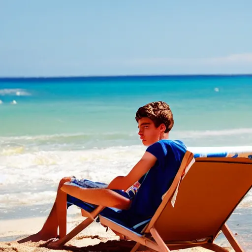 Image similar to beautiful teenage boy, around 22 yo, natural brown hair sitting on a deckchair on the beach. Detailed face, blue sky. Award winning photograph.