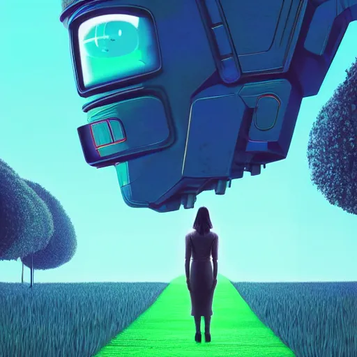 Prompt: a woman walking across a green field, a huge blue robot head in front of her, cyberpunk art by beeple, cgsociety, retrofuturism, synthwave, retrowave, outrun