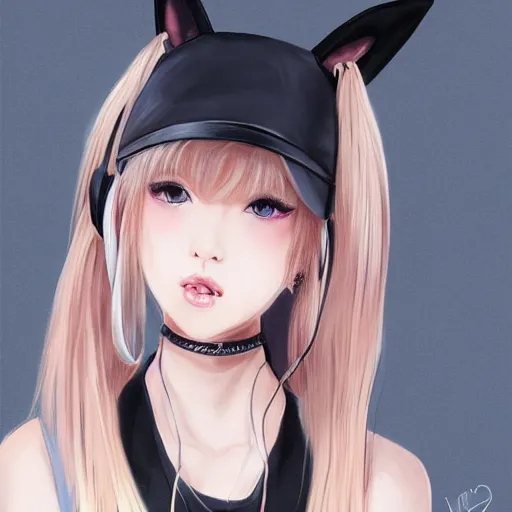 Image similar to realistic beautiful gorgeous natural cute Blackpink Lalisa Manoban blonde hair cute fur blonde cat ears, wearing camisole, wearing headphones, wearing black leather choker artwork drawn full HD 4K highest quality in artstyle by professional artists WLOP, Taejune Kim, Guweiz on Artstation Pixiv