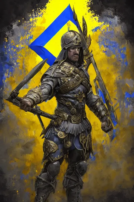 Image similar to a distant shot of a Ukrainian super soldier with blue and yellow flag behind him and a trident symbol on the chest standing alone on a huge pile of skulls posing as a winner, masculine muscular figure, D&D, fantasy, intricate, elegant, highly detailed, extremely detailed, digital painting, artstation, concept art, matte, smooth, sharp focus, illustration, art by Artgerm and Greg Rutkowski and Alphonse Mucha