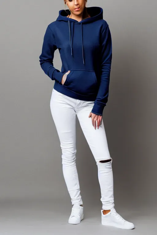 Prompt: full - body shot female fashion model wearing jeans and hoodie on white background for ecommerce