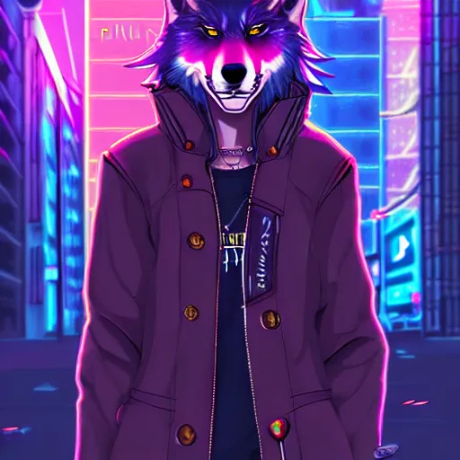 Image similar to beautiful furry digital art portrait commission of an androgynous furry anthro wolf fursona wearing punk clothes in the streets of a cyberpunk city. neon signs. character design by charlie bowater, ross tran, artgerm, and makoto shinkai, detailed, inked