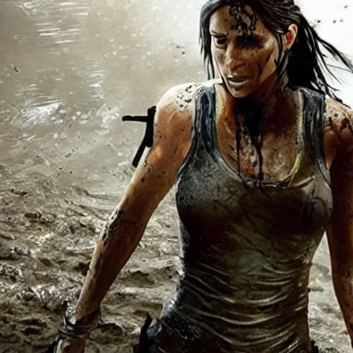 Image similar to film scene lara croft emerges from the river water, her face is covered with mud, part of the body is still in the river