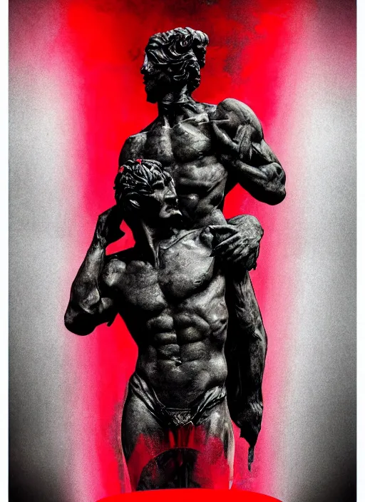 Image similar to dark design poster showing a close up of a heroic greco roman statue, black background with very subtle red and purple design elements, powerful, nekro, vito acconci, thin straight lines, dark, glitch art, neo vaporwave, gritty, layout frame, square, trending on artstation