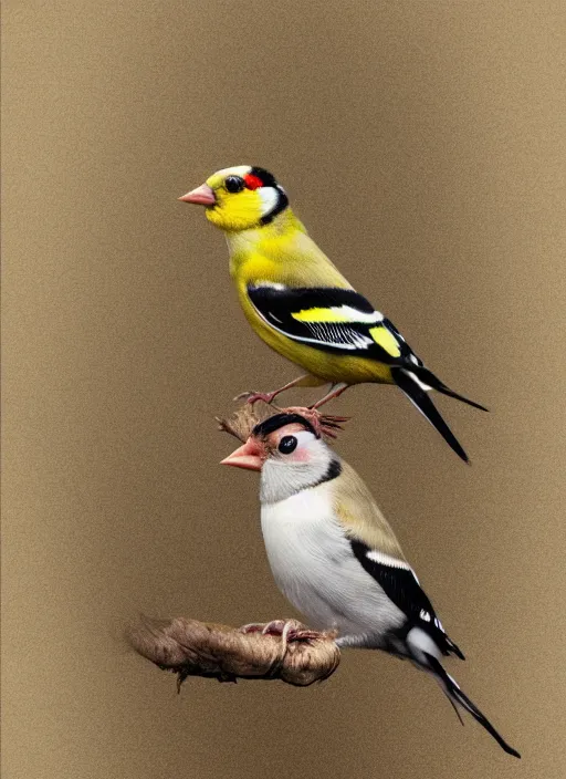 Prompt: a hyper realistic ultra realistic photograph of a man transmogrified into a goldfinch, top secret, highly detailed, 8k photo