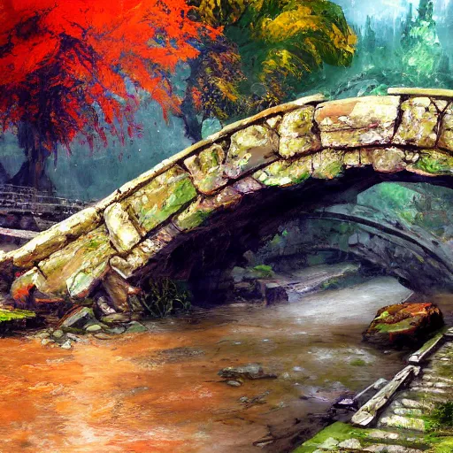 Image similar to acrylic painting, impressionism and expressionism, bold colors, expressive brushstrokes. a stone bridge over a river in riverwood, skyrim. raining. overcast. fantasy art by wadim kashin, cgsociety, nature art