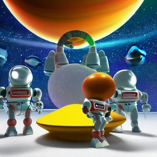 Prompt: 3 d rendered movie still colorful ceramic quadruped robots in spaceships orbiting saturn. the robots have disco dance contests in outer space. science fiction, blockbuster movie, imax, 7 0 mm, 4 k, 3 d render, hyperdetailed, future, computer - animated science fiction film, saturday night fever + 2 0 0 1 : space odyssey