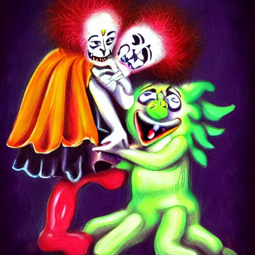 Image similar to demonic hell clown juggling with an angel clown.