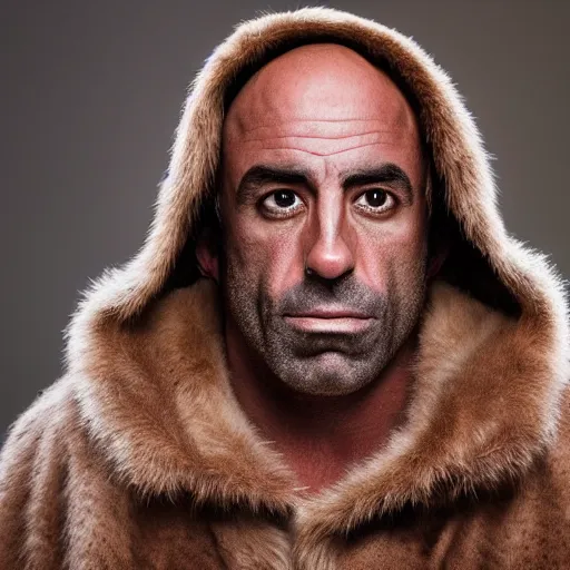 Prompt: Photo portrait Joe Rogan as a wax neanderthal cave man exaggerated brow wrapped in fur cloak in the national science museum background dramatic lighting 85mm lens by Steve McCurry