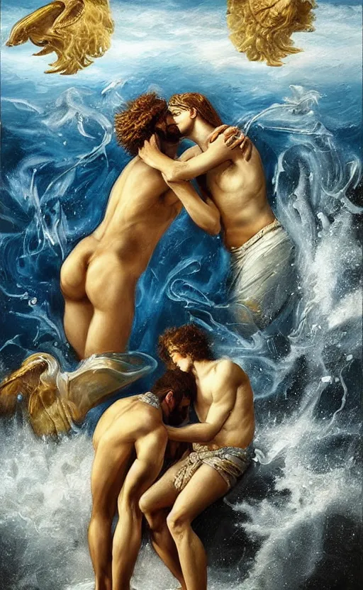 Prompt: Poseidon\'s sad love story, oil painting by Bruno Bruni, mind-blowing art, very detailed, high quality, golden and silver colors