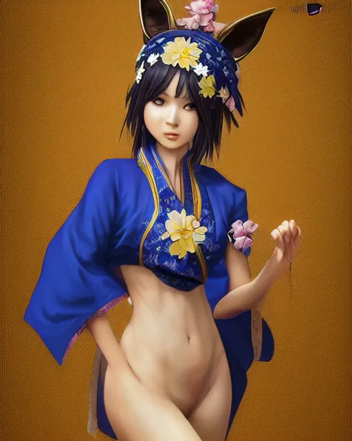 Image similar to Ssunbuki as a woman with fox ears and a royal blue kimono with gold flowers, Yakuza, visualartzi, korean, concept art by Karla Ortiz, James Paick, Charlie Bowater, Krenz Cushart, highly detailed, ultra detailed, ultra realistic, trending on artstation, cgstudio