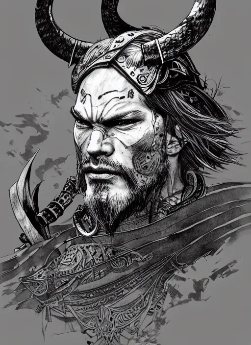 Prompt: portrait of a viking warrior, sumi - e style, masterful, ultrafine hyperdetailed illustration, concept art, detailed, intricate linework, art by yoji shinkawa