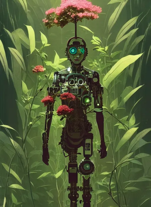 Image similar to a cyborg in some plants with flowers for a face by satoshi kon and greg rutkowski, 7 0's vintage sci - fi flat surreal design