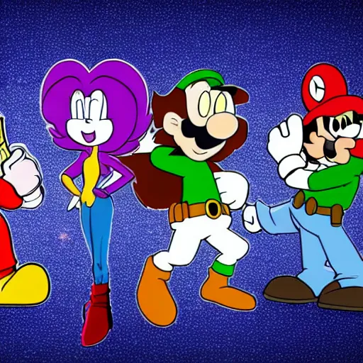 Prompt: Are crossovers overrated? News article. Videogames. Movies. Stock image. Bugs Bunny. Velma. Shaggy. Batman. Garnet from Steven Universe. Steven Universe. Mario. Luigi. Michael Jordon.