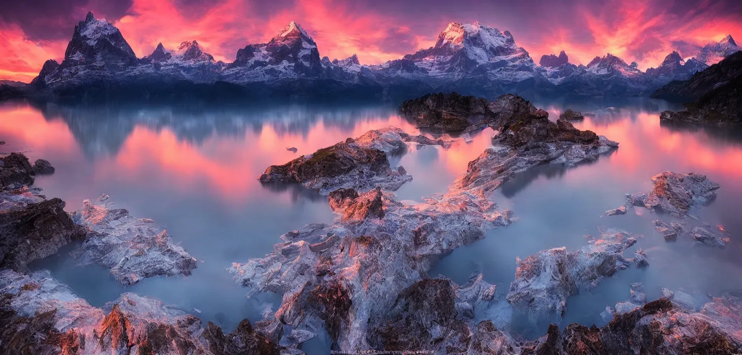 Image similar to amazing landscape photo of switzerland with lake in sunset by marc adamus, beautiful dramatic lighting