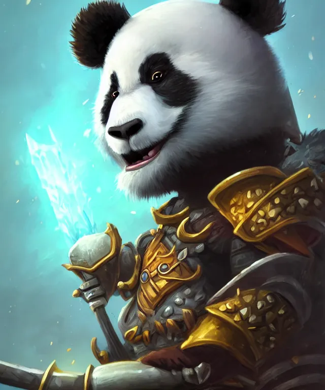 Image similar to a closeup portrait an anthropomorphic panda samurai, wearing armor with spiked shoulders, landscape in background, dnd character art portrait, world of warcraft style, by peter mohrbacher, cinematic lighting