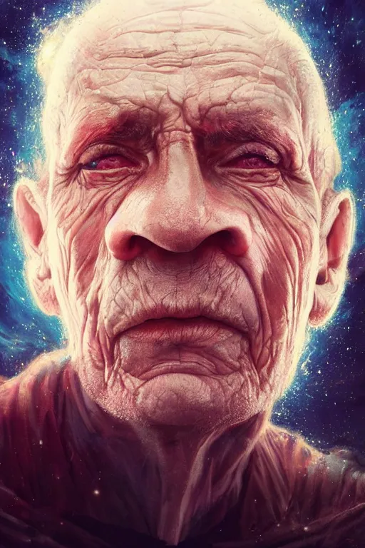 Image similar to the look of an elderly person full of wrinkles and imperfections by artgem and greg rutkowski, highly detailed, high contrast, light reflection, trippy, nebula, trending on artstation