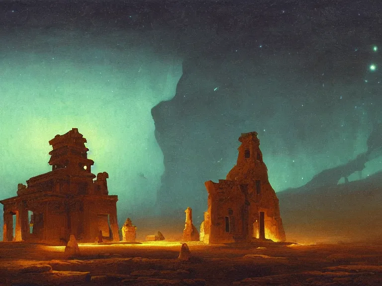 Image similar to an oil painting of an ancient and cursed temple in the middle of an alien salt plane at dusk, aurora and stars light up the sky by beksinski carl spitzweg and tuomas korpi. baroque elements, full-length view. baroque element. intricate artwork by caravaggio. Trending on artstation. 8k