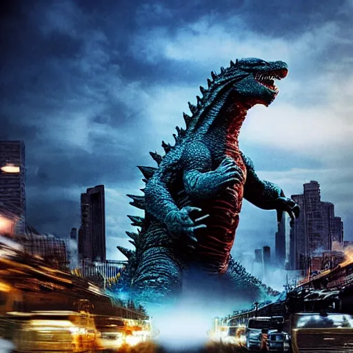 Image similar to godzilla in mumbai, film still, hyper realistic