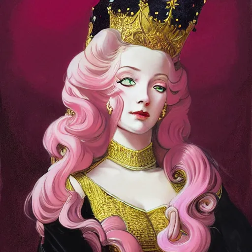 Image similar to the painted portrait of beautiful princess with long blond hair and a golden crown circled by diamonds in a wonderful pink dress over a cloudy black background by Leyendecker, Moocha, and Rebecca Guay, trending on artstation